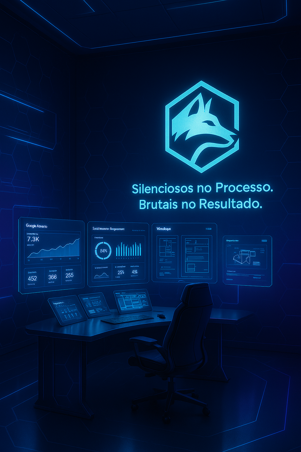 Sala tecnológica futurista representando os serviços da Wolfness Company em tráfego pago, UX/UI, design e marketing digital.